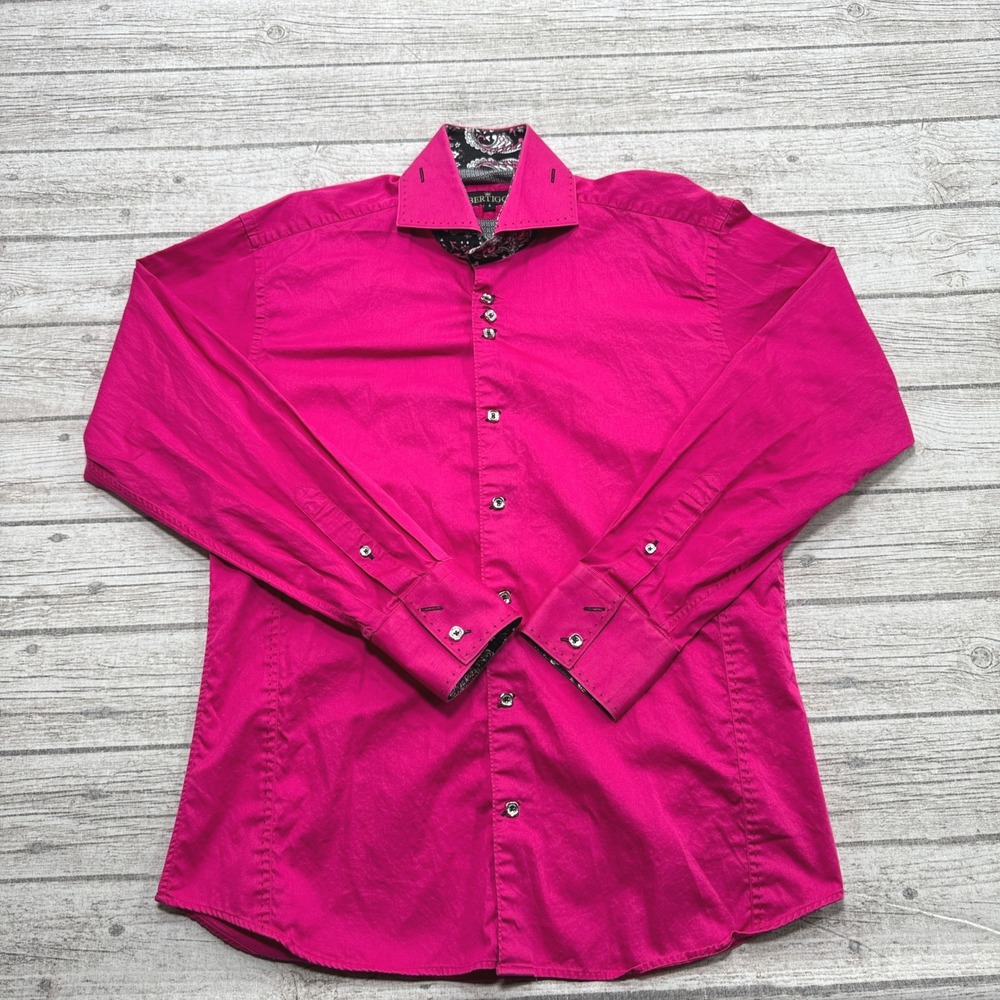 Bertigo Dress Shirt Men's 4 Pink Paisley Trim Long Sleeve Button Down Slim Fit